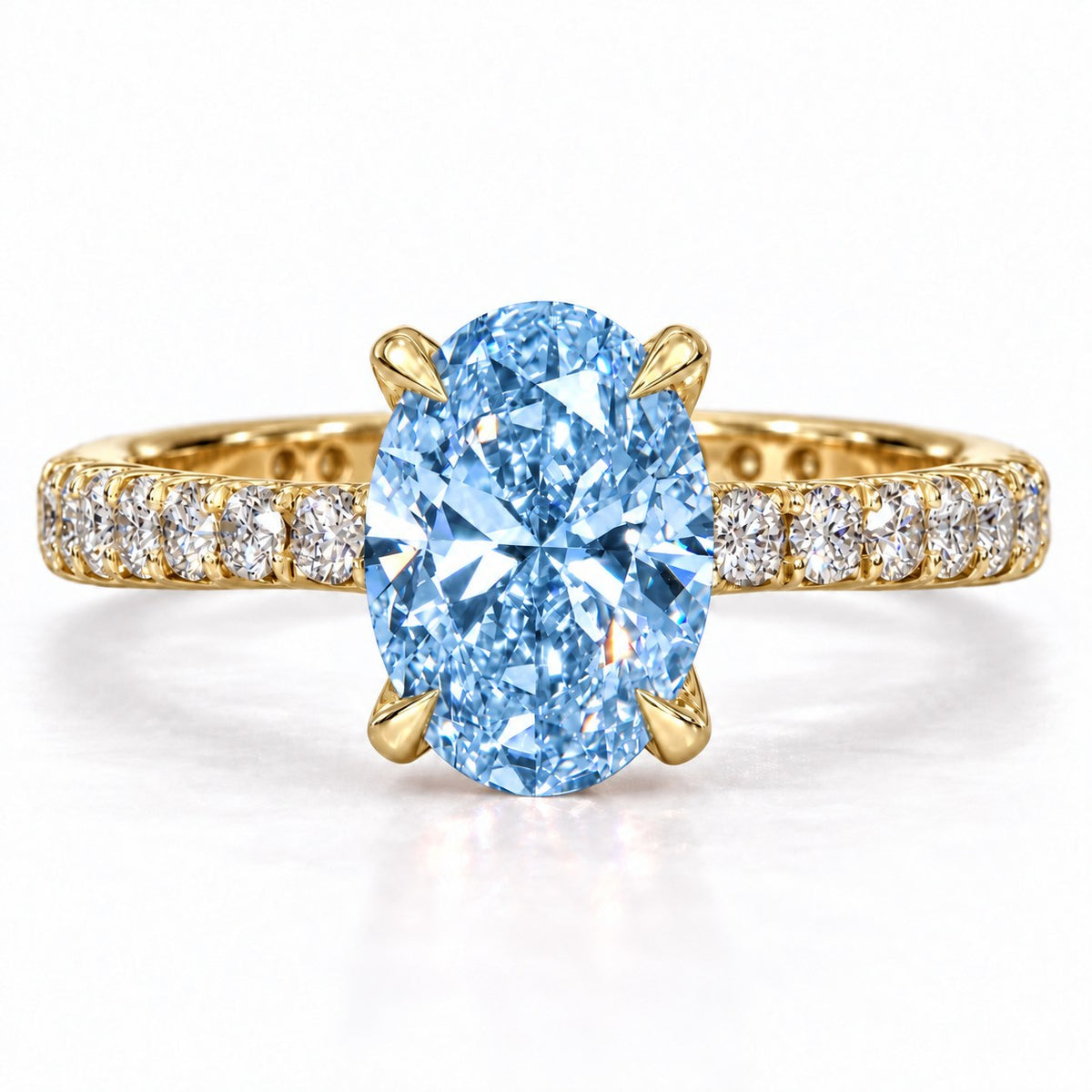 Blue Oval Cut Lab Grown Diamond Engagement Ring - Cathedral Pave Band in yellow gold, front view