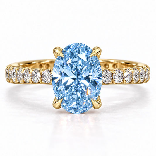 Blue Oval Cut Lab Grown Diamond Engagement Ring - Cathedral Pave Band in yellow gold, front view