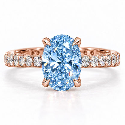 Blue Oval Cut Lab Grown Diamond Engagement Ring - Cathedral Pave Band in rose gold, front view