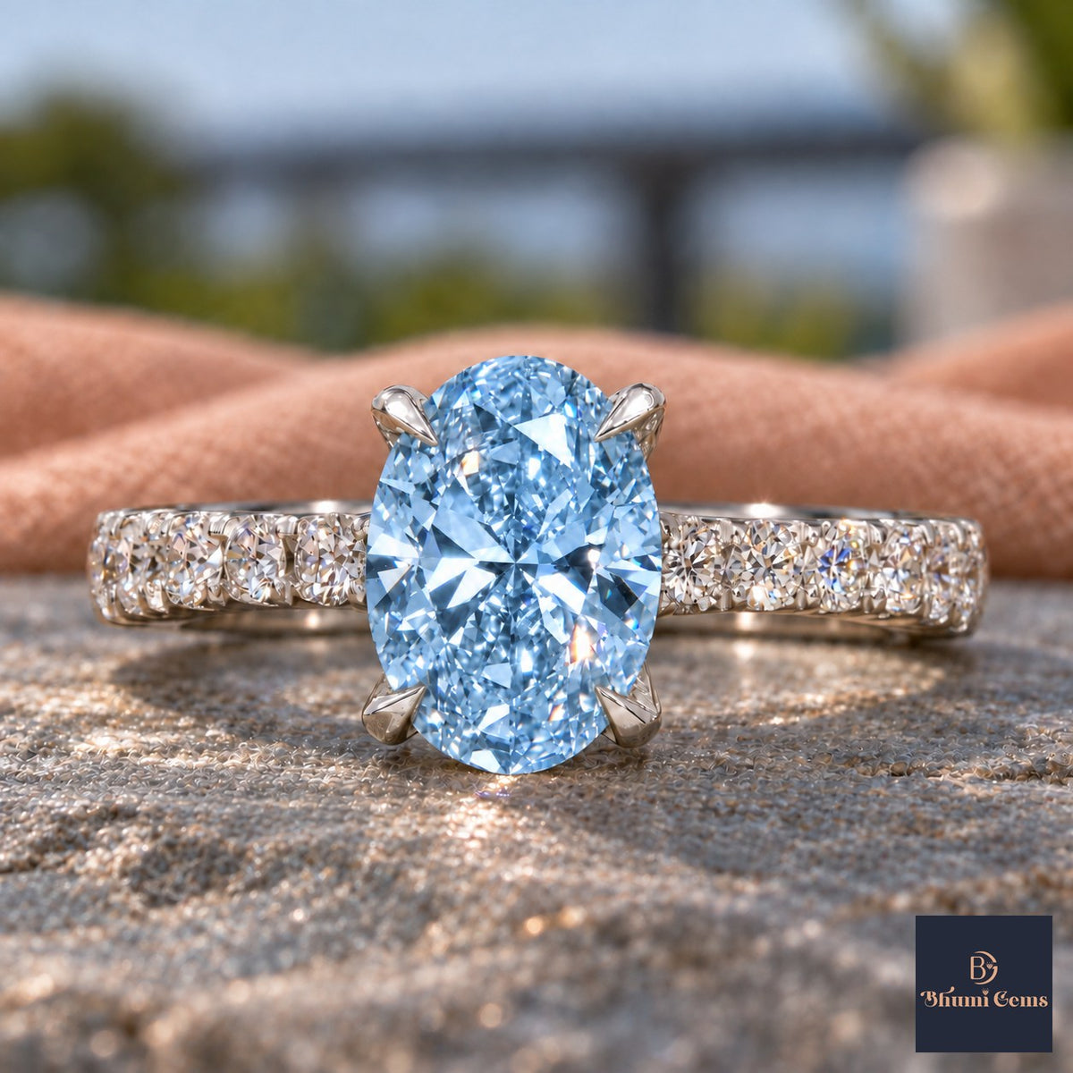 Blue Oval Cut Lab Grown Diamond Engagement Ring - Cathedral Pave Band in white gold, close-up