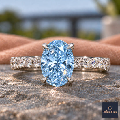 Blue Oval Cut Lab Grown Diamond Engagement Ring - Cathedral Pave Band in white gold, close-up
