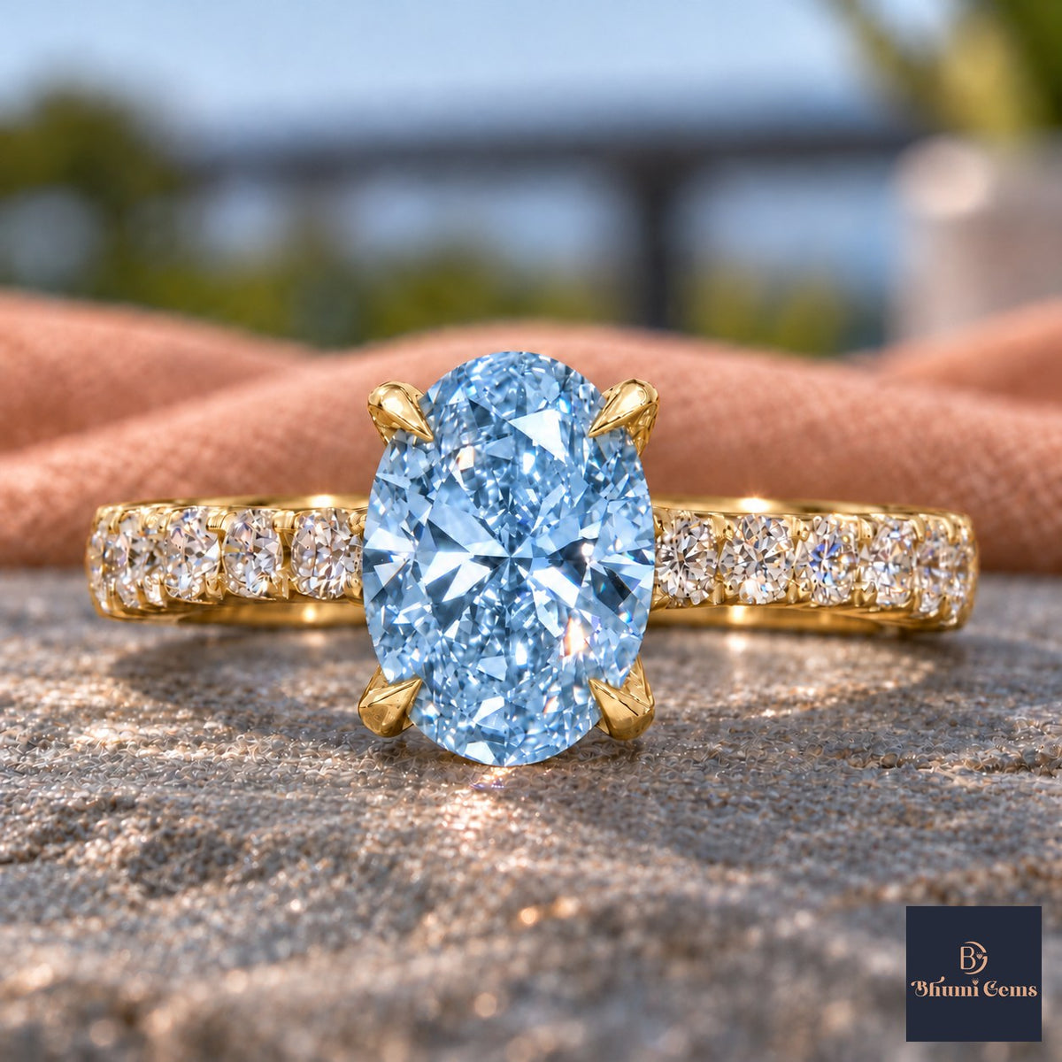 Blue Oval Cut Lab Grown Diamond Engagement Ring - Cathedral Pave Band in yellow gold, close-up