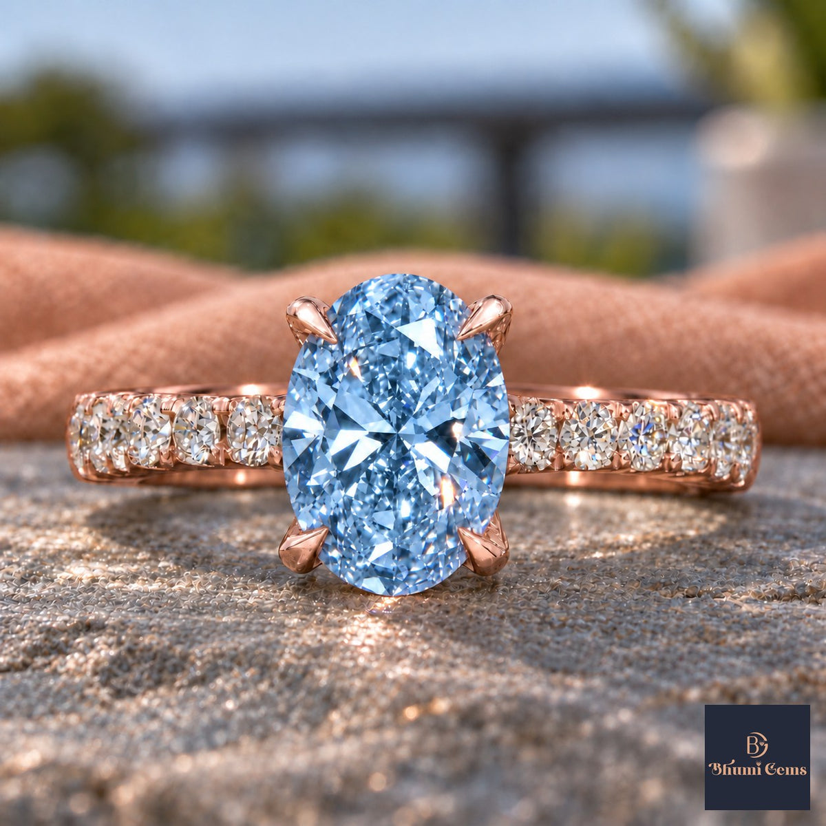 Blue Oval Cut Lab Grown Diamond Engagement Ring - Cathedral Pave Band in rose gold, close-up