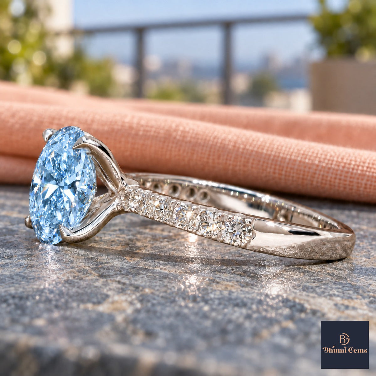 Blue Oval Cut Lab Grown Diamond Engagement Ring - Cathedral Pave Band in white gold, side view