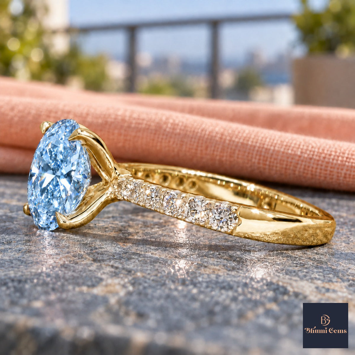 Blue Oval Cut Lab Grown Diamond Engagement Ring - Cathedral Pave Band in yellow gold, side view