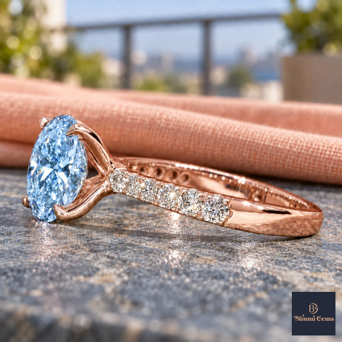 Blue Oval Cut Lab Grown Diamond Engagement Ring - Cathedral Pave Band in rose gold, side view