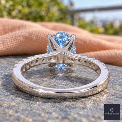 Blue Oval Cut Lab Grown Diamond Engagement Ring - Cathedral Pave Band in white gold, gallery view