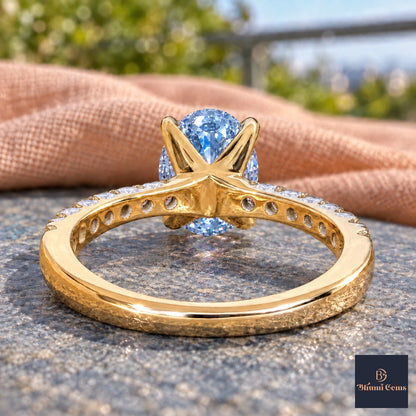 Blue Oval Cut Lab Grown Diamond Engagement Ring - Cathedral Pave Band in yellow gold, gallery view