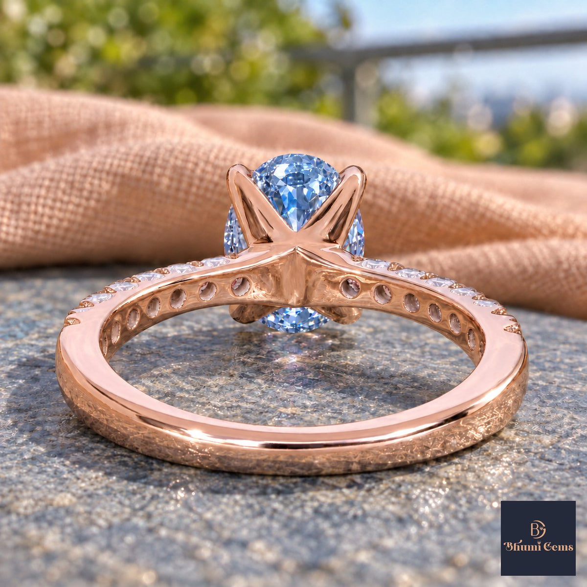 Blue Oval Cut Lab Grown Diamond Engagement Ring - Cathedral Pave Band in rose gold, gallery view