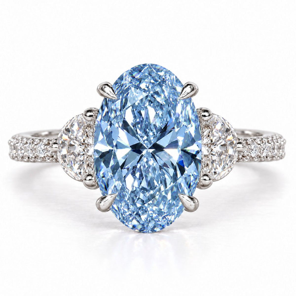 Blue Oval Cut Lab Grown Diamond Engagement Ring - Half Moon Pave in white gold, front view