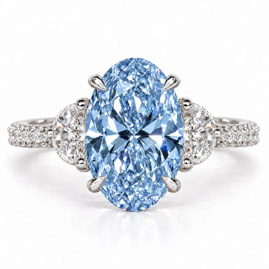 Blue Oval Cut Lab Grown Diamond Engagement Ring - Half Moon Pave in white gold, front view