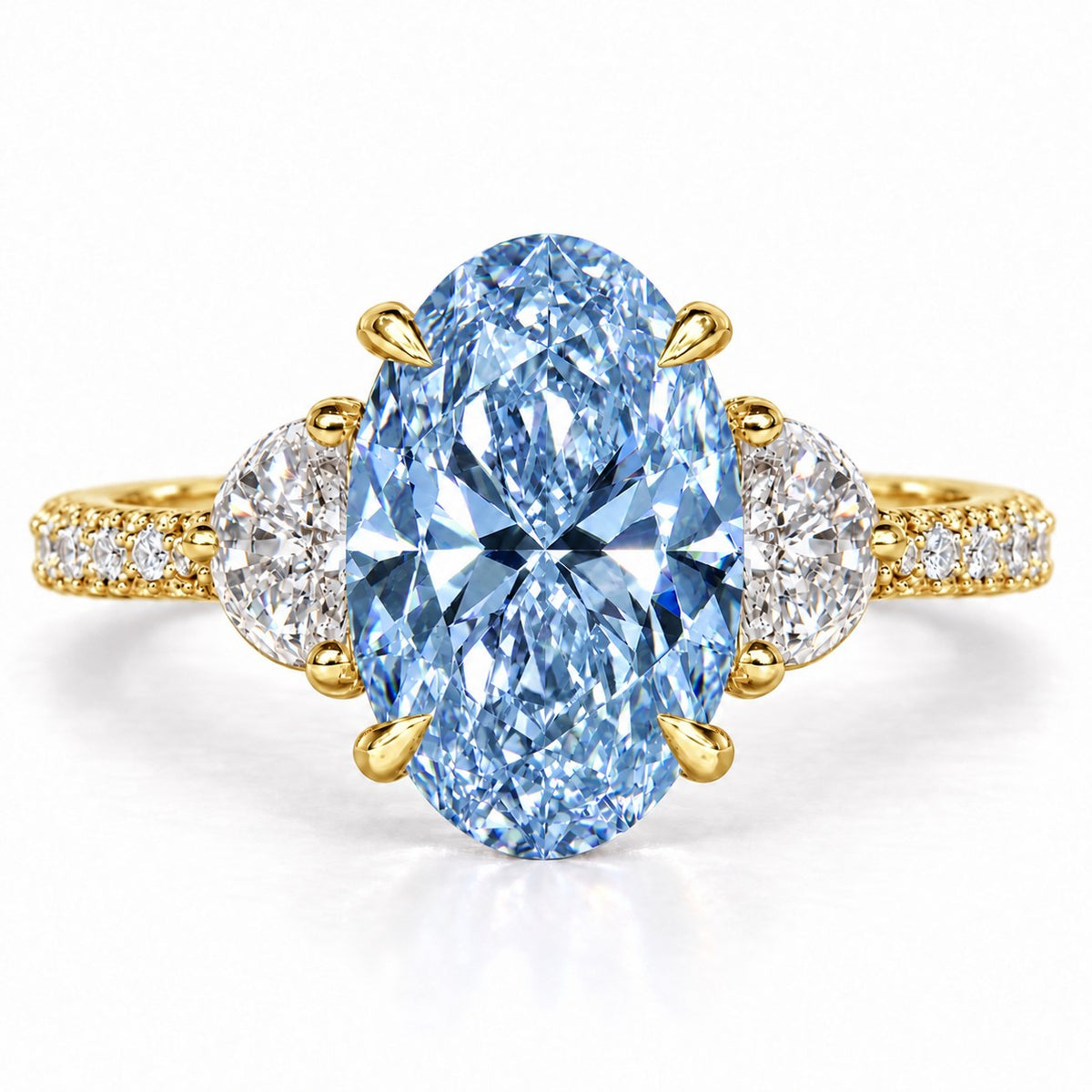 Blue Oval Cut Lab Grown Diamond Engagement Ring - Half Moon Pave in yellow gold, front view