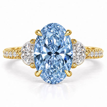 Blue Oval Cut Lab Grown Diamond Engagement Ring - Half Moon Pave in yellow gold, front view