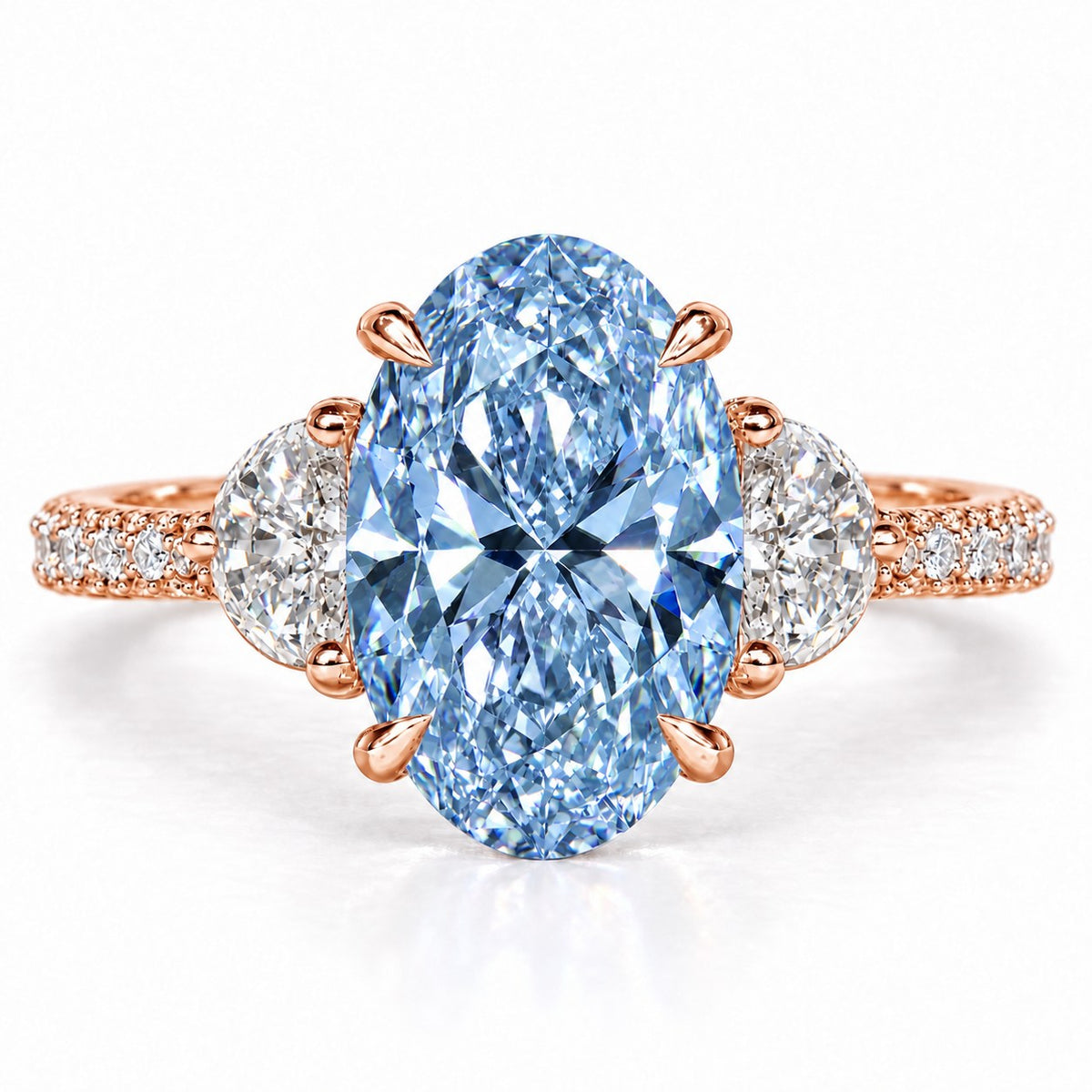 Blue Oval Cut Lab Grown Diamond Engagement Ring - Half Moon Pave in rose gold, front view