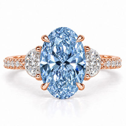 Blue Oval Cut Lab Grown Diamond Engagement Ring - Half Moon Pave in rose gold, front view