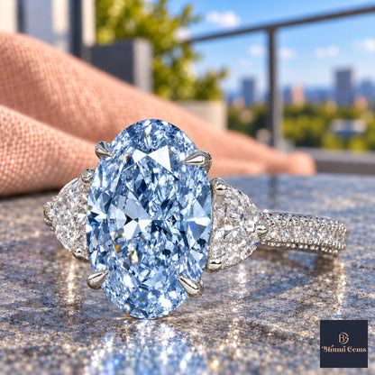 Blue Oval Cut Lab Grown Diamond Engagement Ring - Half Moon Pave in white gold, close-up