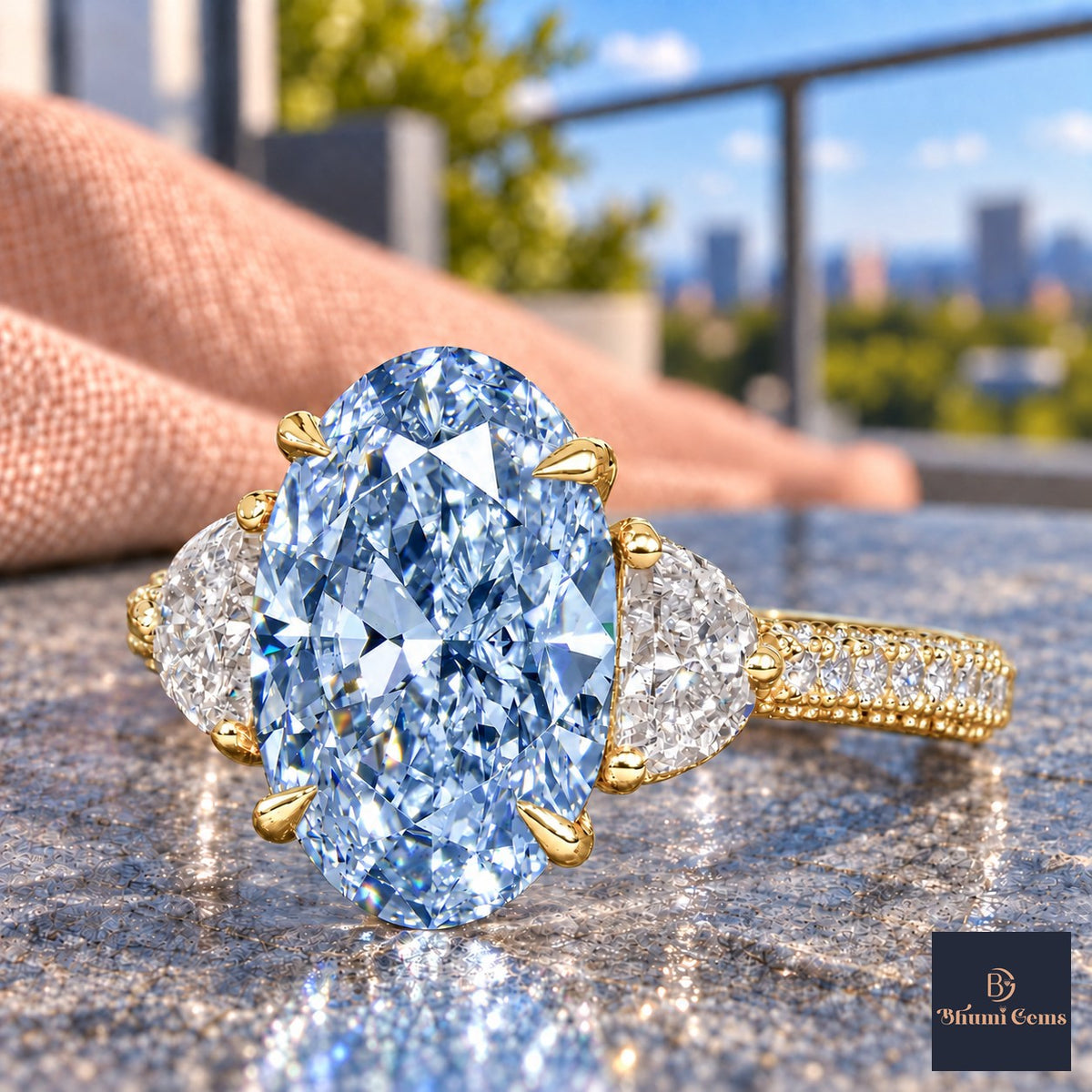 Blue Oval Cut Lab Grown Diamond Engagement Ring - Half Moon Pave in yellow gold, close-up