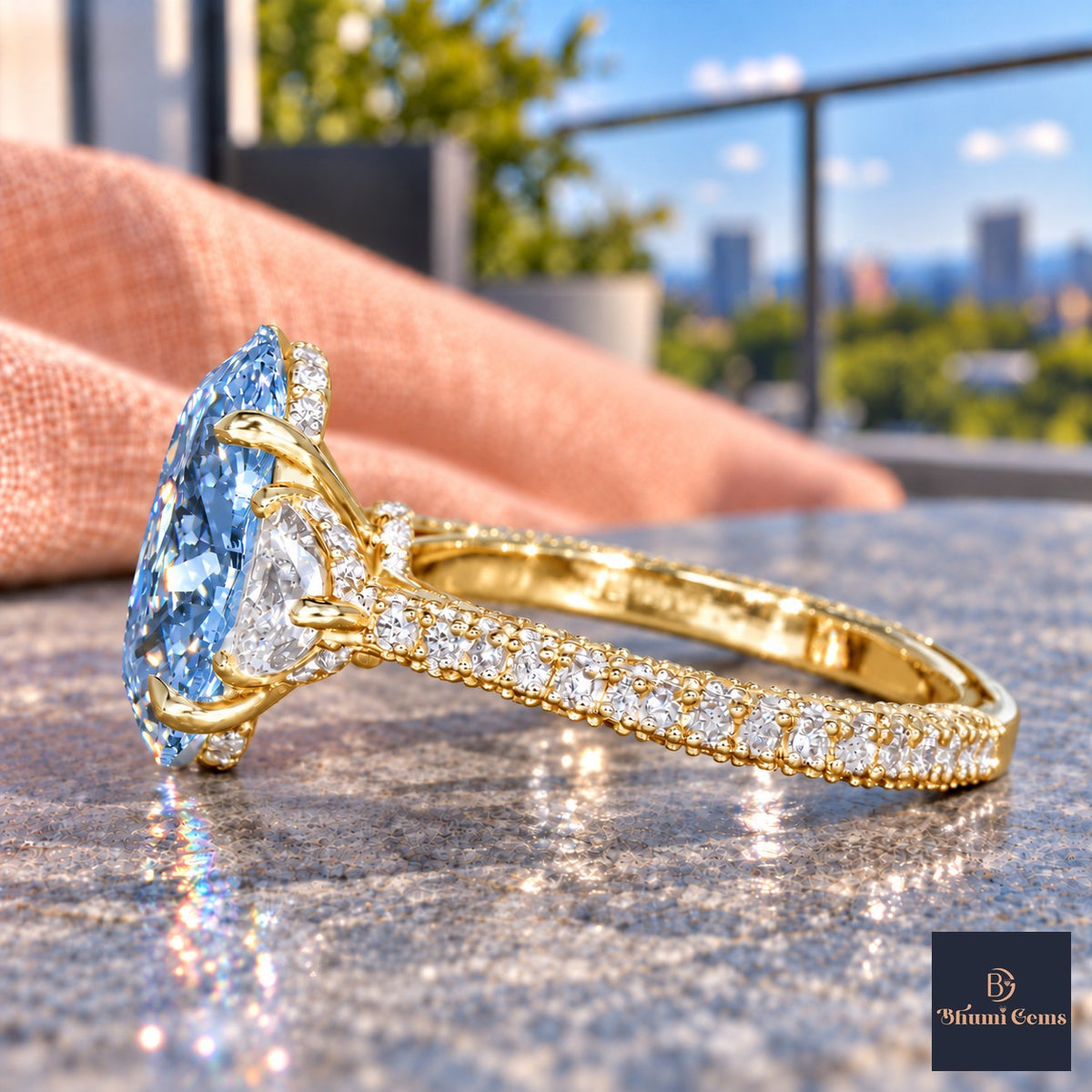 Blue Oval Cut Lab Grown Diamond Engagement Ring - Half Moon Pave in yellow gold, side view