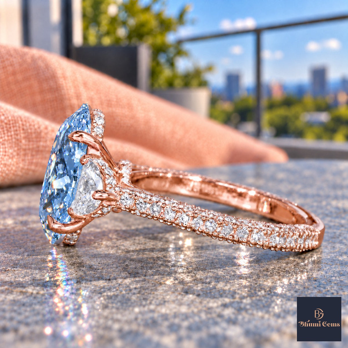 Blue Oval Cut Lab Grown Diamond Engagement Ring - Half Moon Pave in rose gold, side view