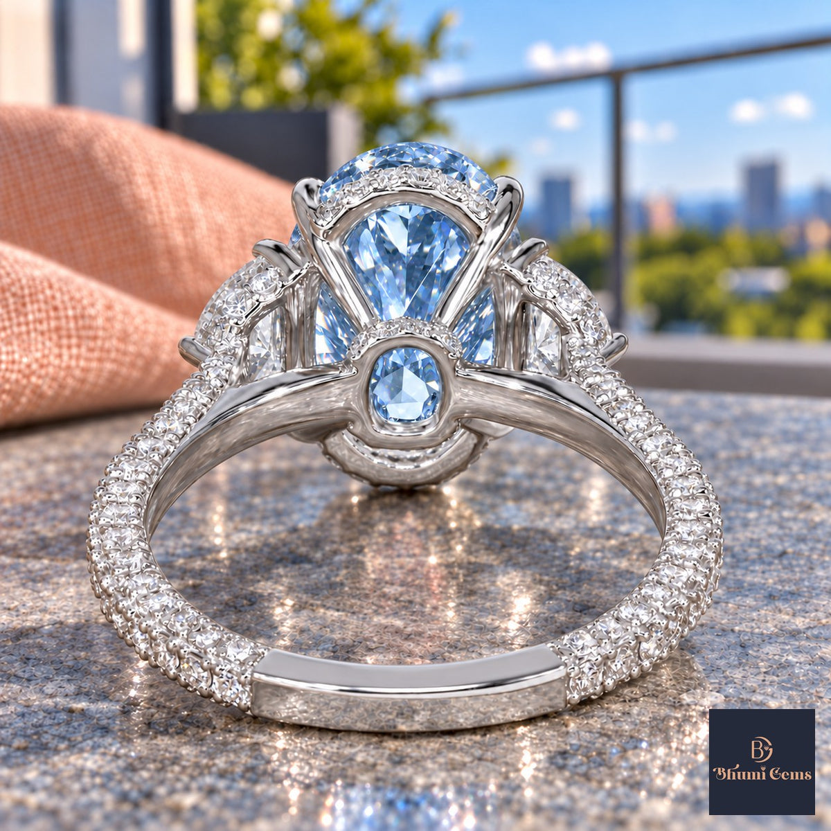 Blue Oval Cut Lab Grown Diamond Engagement Ring - Half Moon Pave in white gold, gallery view