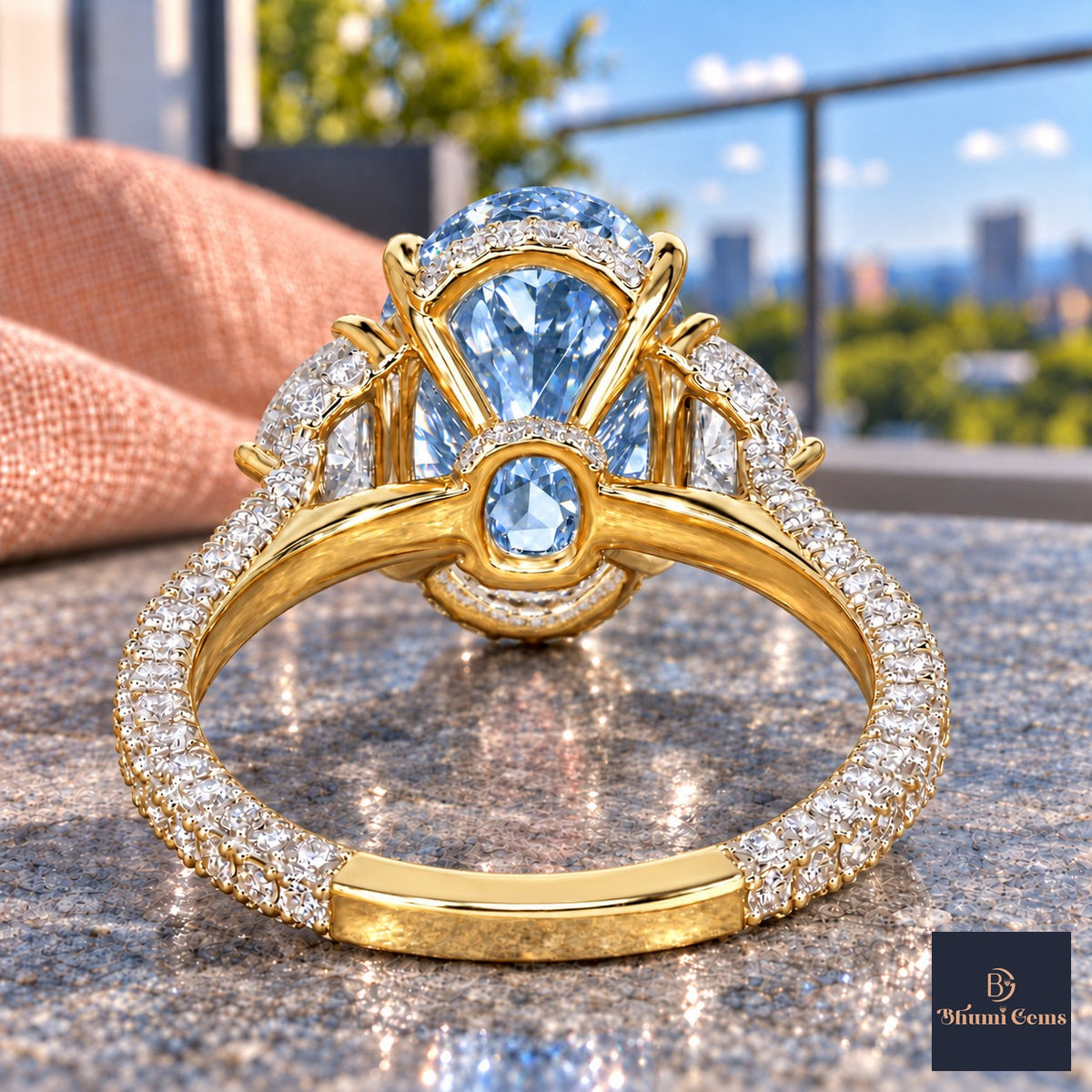 Blue Oval Cut Lab Grown Diamond Engagement Ring - Half Moon Pave in yellow gold, gallery view