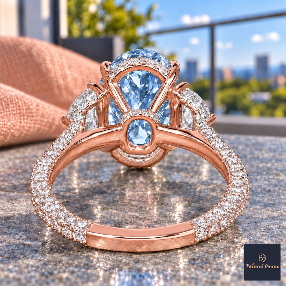 Blue Oval Cut Lab Grown Diamond Engagement Ring - Half Moon Pave in rose gold, gallery view