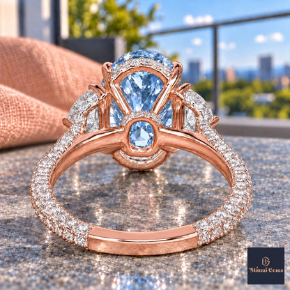 Blue Oval Cut Lab Grown Diamond Engagement Ring - Half Moon Pave in rose gold, gallery view