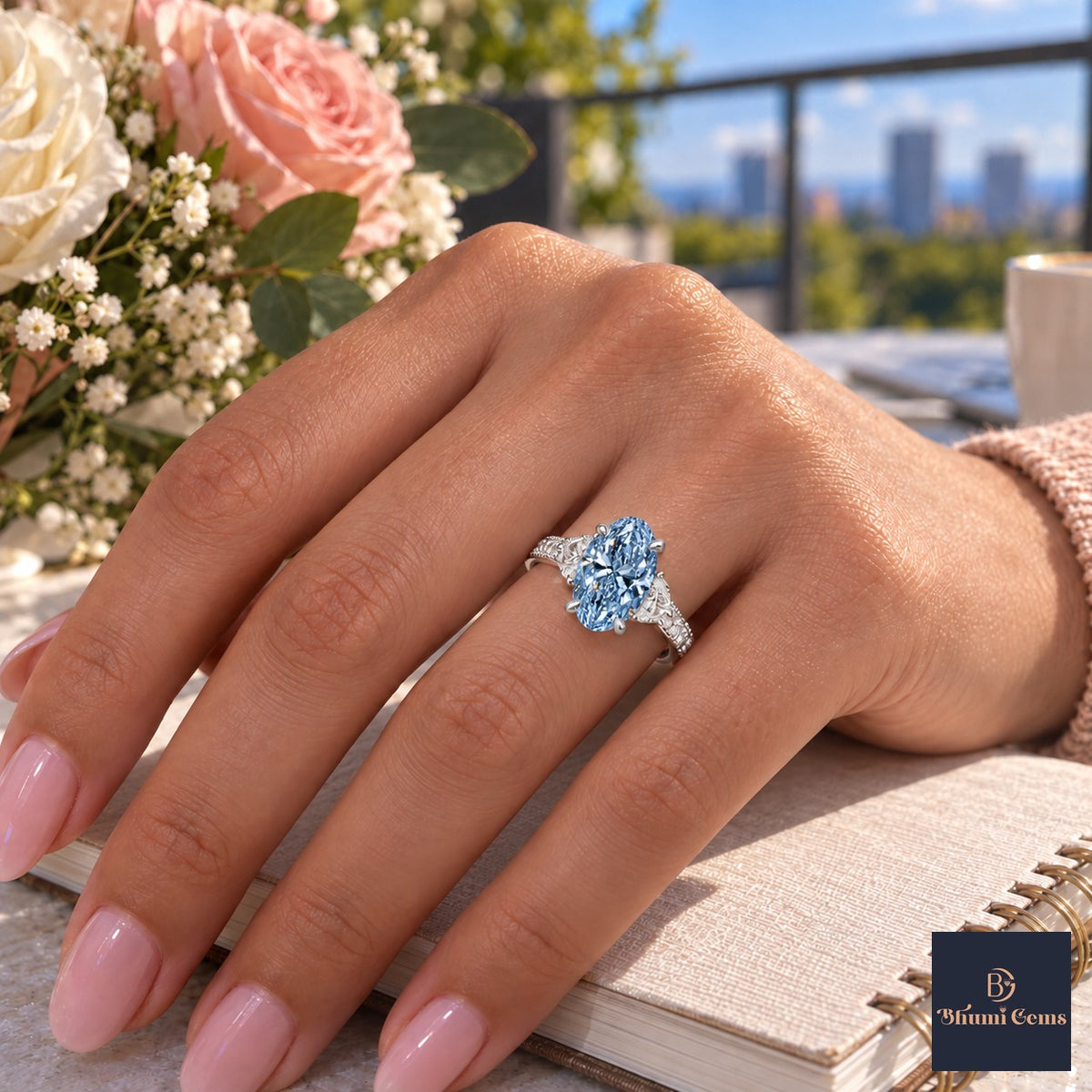 Blue Oval Cut Lab Grown Diamond Engagement Ring - Half Moon Pave in white gold, worn on the hand