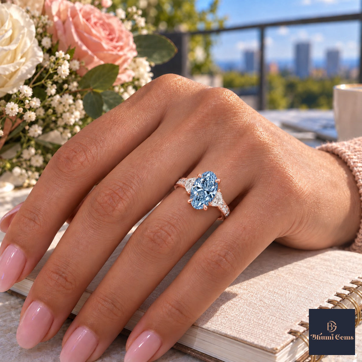 Blue Oval Cut Lab Grown Diamond Engagement Ring - Half Moon Pave in rose gold, worn on the hand