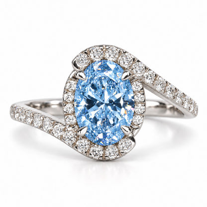 Blue Oval Cut Lab Grown Diamond Engagement Ring - Halo Bypass in white gold, front view