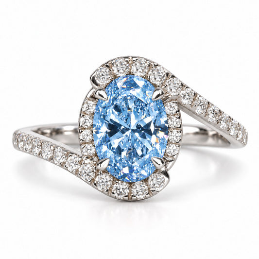 Blue Oval Cut Lab Grown Diamond Engagement Ring - Halo Bypass in white gold, front view