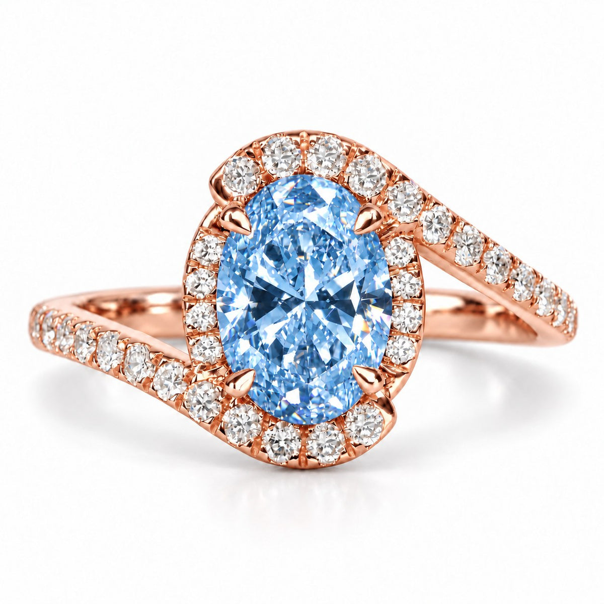 Blue Oval Cut Lab Grown Diamond Engagement Ring - Halo Bypass in rose gold, front view