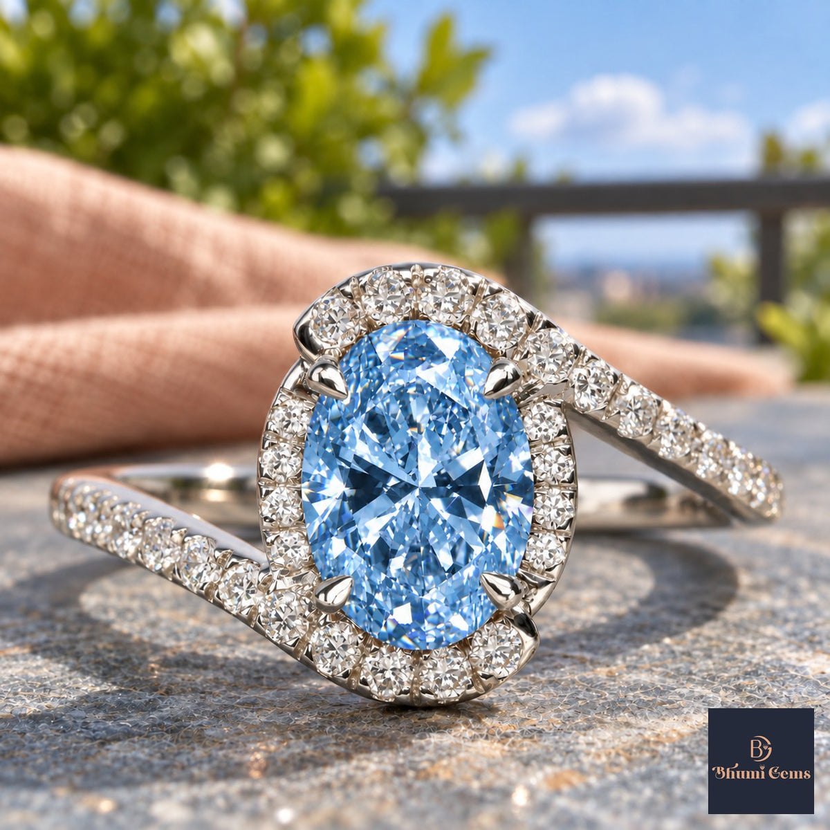 Blue Oval Cut Lab Grown Diamond Engagement Ring - Halo Bypass in white gold, close-up