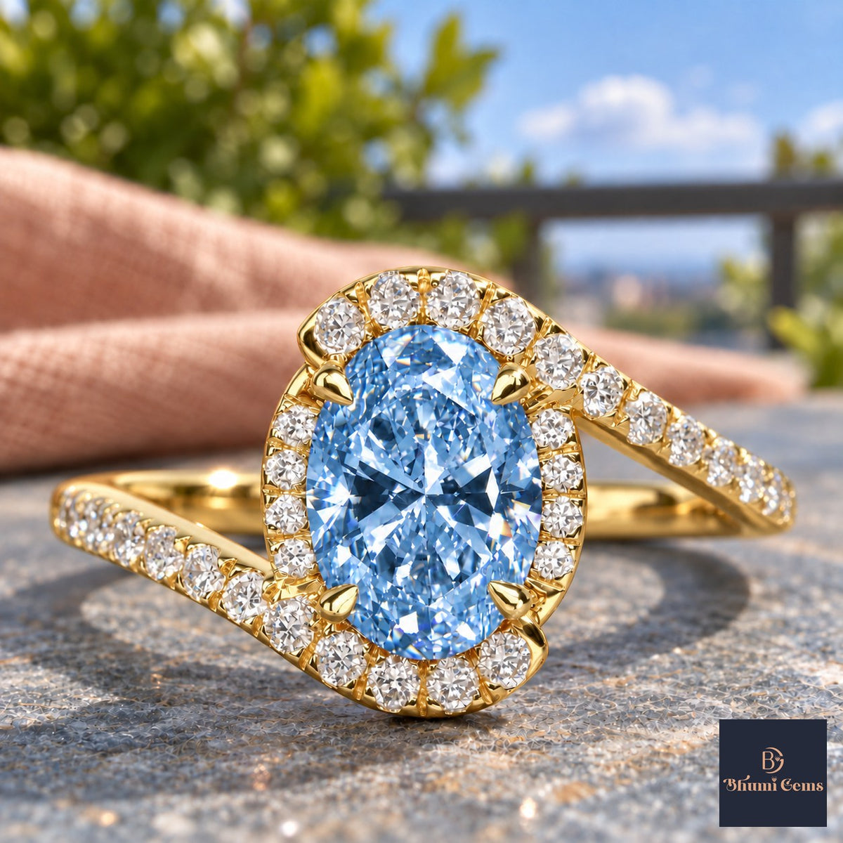 Blue Oval Cut Lab Grown Diamond Engagement Ring - Halo Bypass in yellow gold, close-up