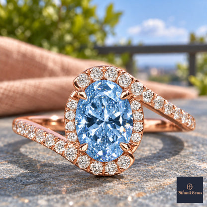 Blue Oval Cut Lab Grown Diamond Engagement Ring - Halo Bypass in rose gold, close-up
