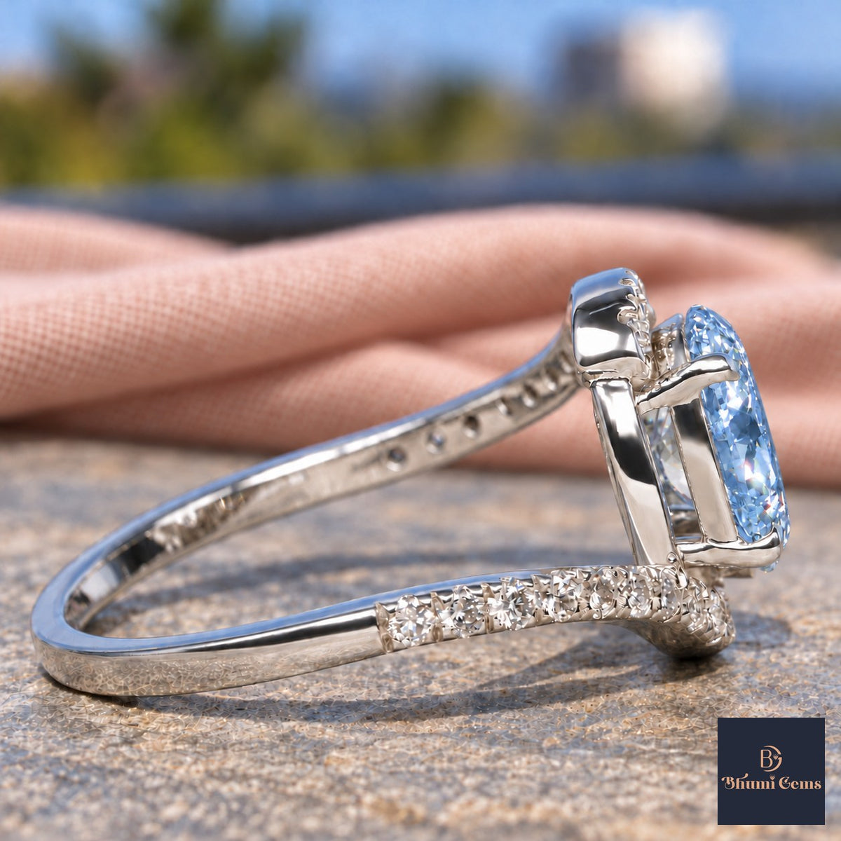 Blue Oval Cut Lab Grown Diamond Engagement Ring - Halo Bypass in white gold, side view