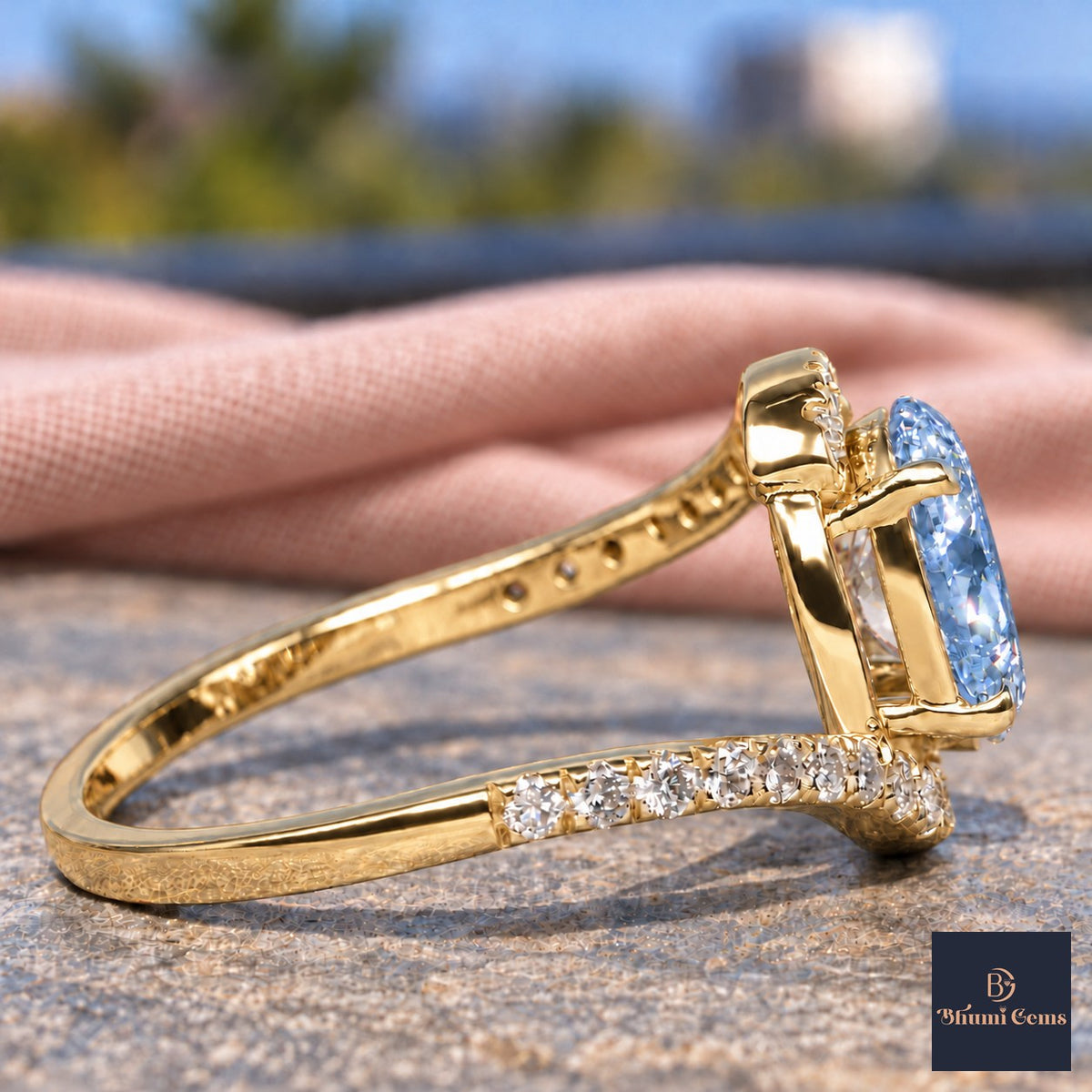 Blue Oval Cut Lab Grown Diamond Engagement Ring - Halo Bypass in yellow gold, side view