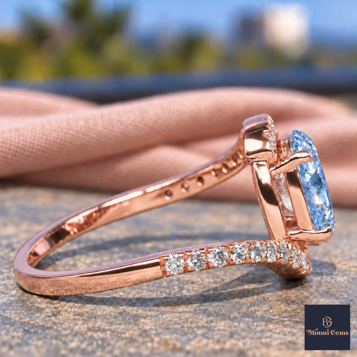 Blue Oval Cut Lab Grown Diamond Engagement Ring - Halo Bypass in rose gold, side view