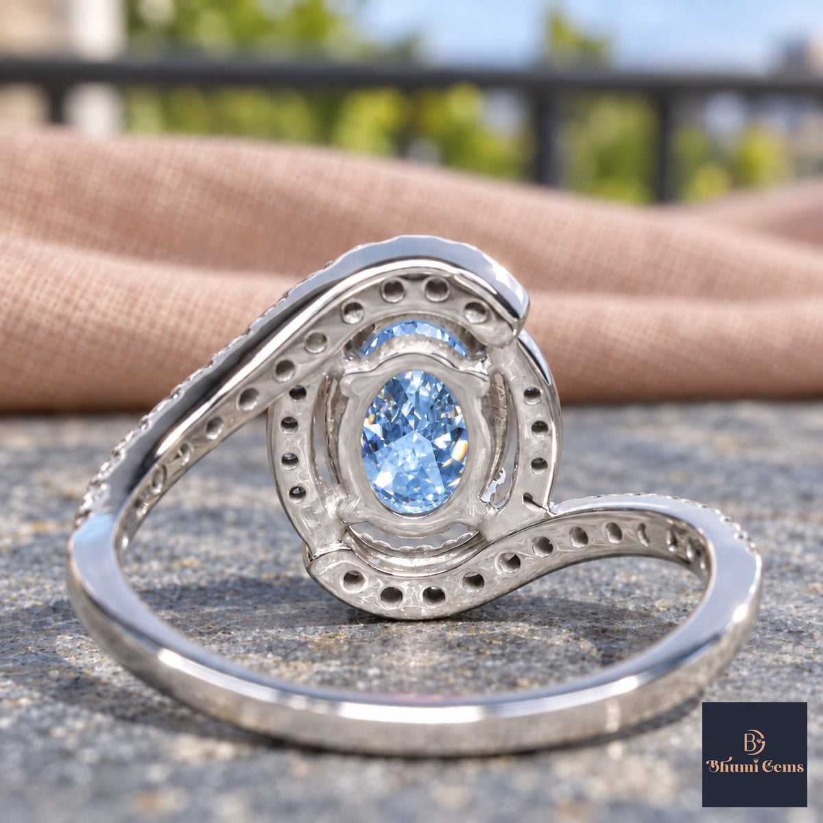 Blue Oval Cut Lab Grown Diamond Engagement Ring - Halo Bypass in white gold, gallery view