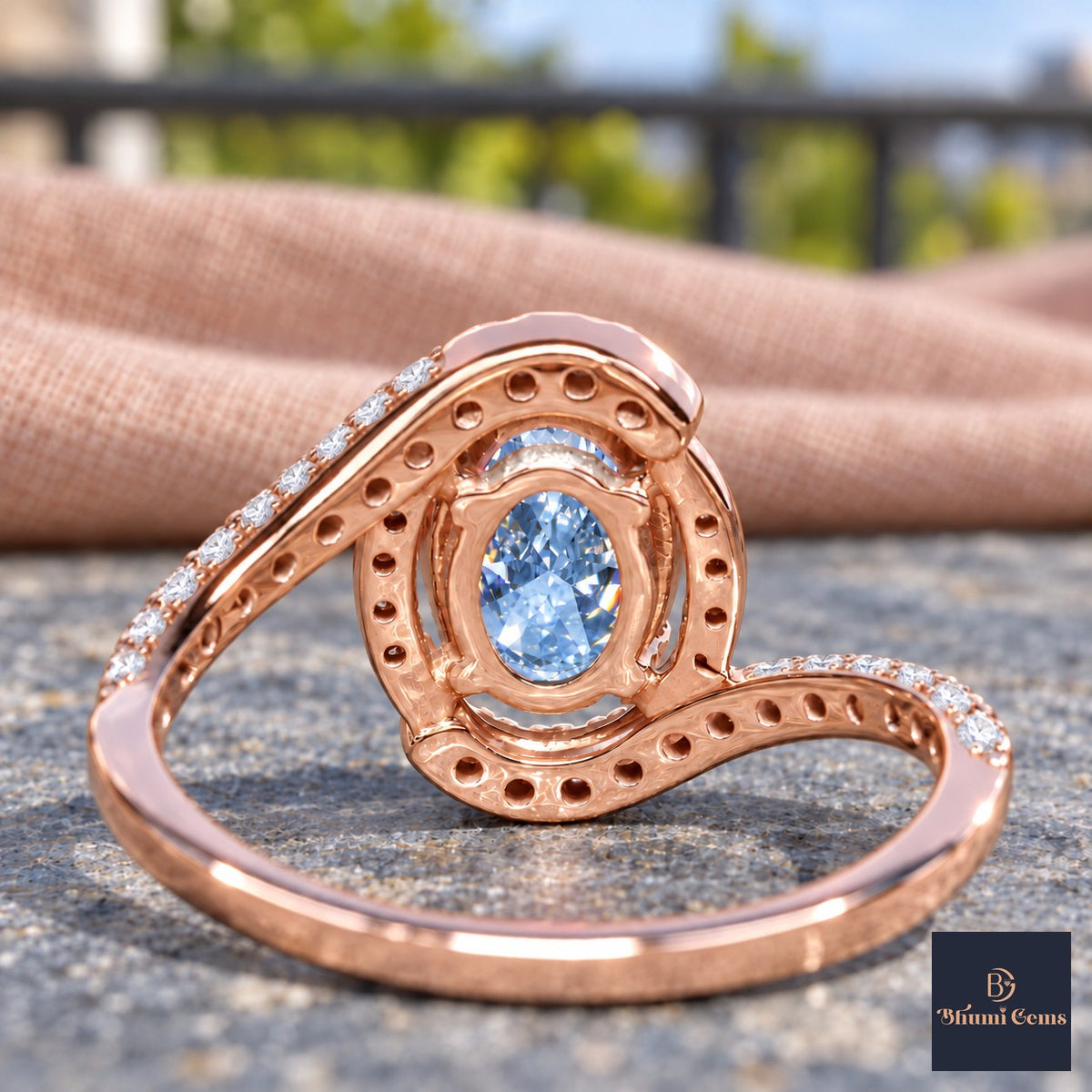 Blue Oval Cut Lab Grown Diamond Engagement Ring - Halo Bypass in rose gold, gallery view