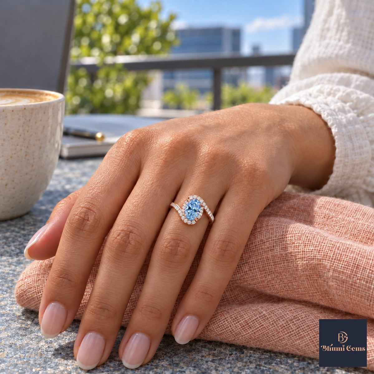 Blue Oval Cut Lab Grown Diamond Engagement Ring - Halo Bypass in rose gold, on the hand