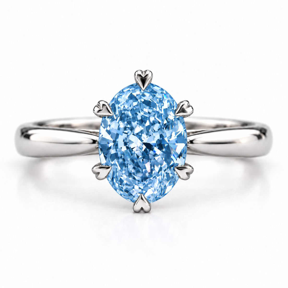 Blue Oval Cut Lab Grown Diamond Engagement Ring - Heart Prong Solitaire in white gold, front view