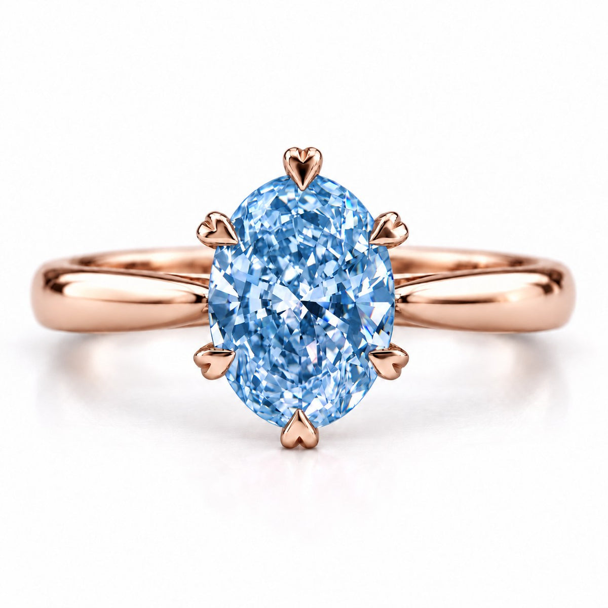 Blue Oval Cut Lab Grown Diamond Engagement Ring - Heart Prong Solitaire in rose gold, front view