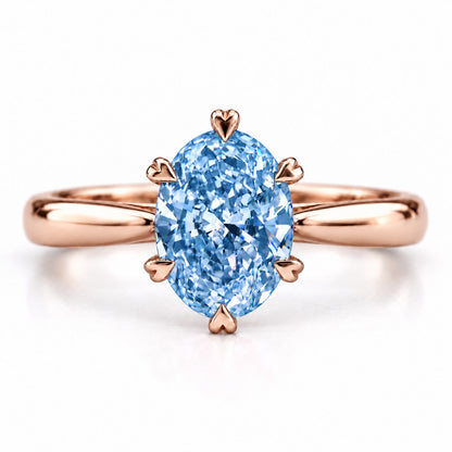 Blue Oval Cut Lab Grown Diamond Engagement Ring - Heart Prong Solitaire in rose gold, front view