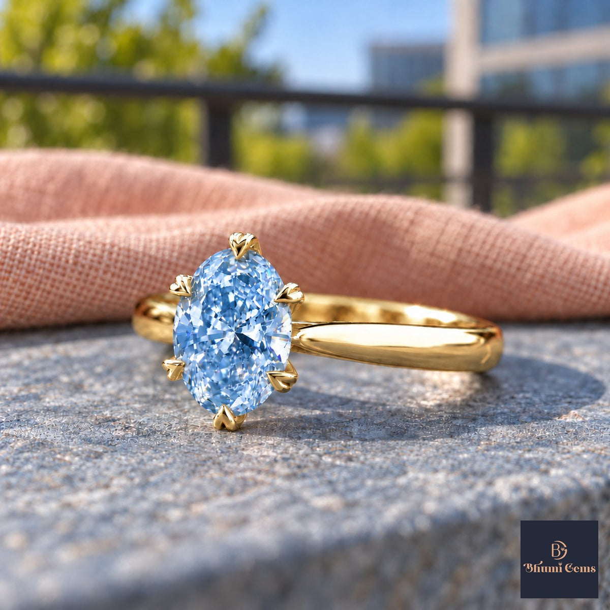 Blue Oval Cut Lab Grown Diamond Engagement Ring - Heart Prong Solitaire in yellow gold, close-up