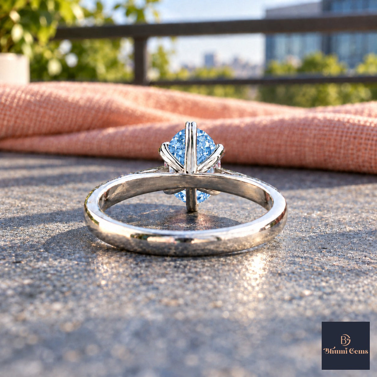 Blue Oval Cut Lab Grown Diamond Engagement Ring - Heart Prong Solitaire in white gold, gallery view