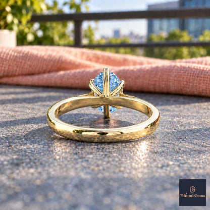 Blue Oval Cut Lab Grown Diamond Engagement Ring - Heart Prong Solitaire in yellow gold, gallery view