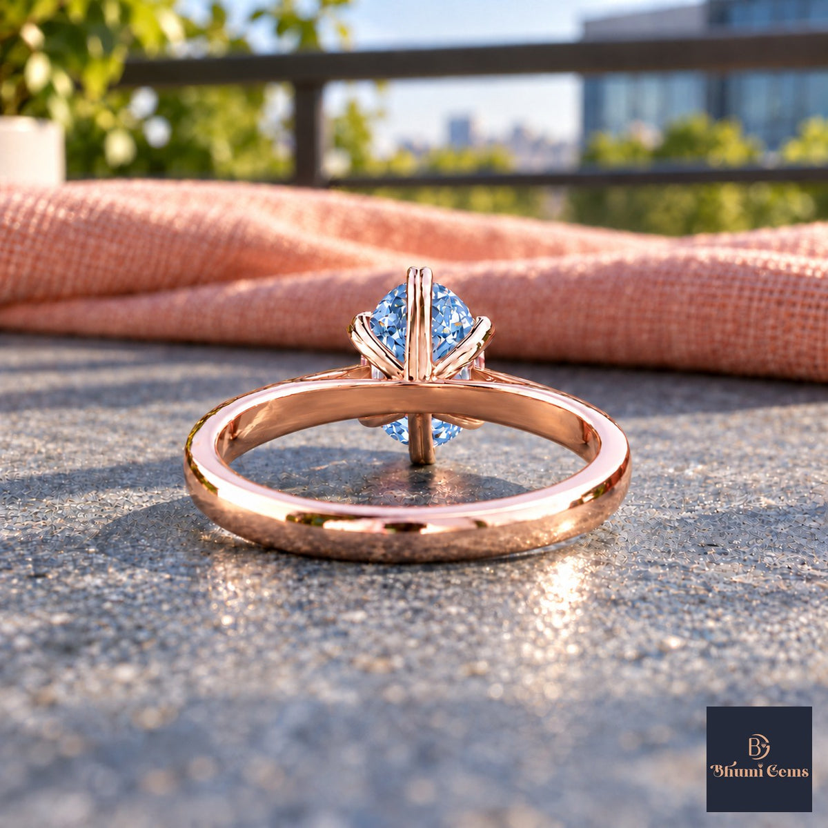 Blue Oval Cut Lab Grown Diamond Engagement Ring - Heart Prong Solitaire in rose gold, gallery view