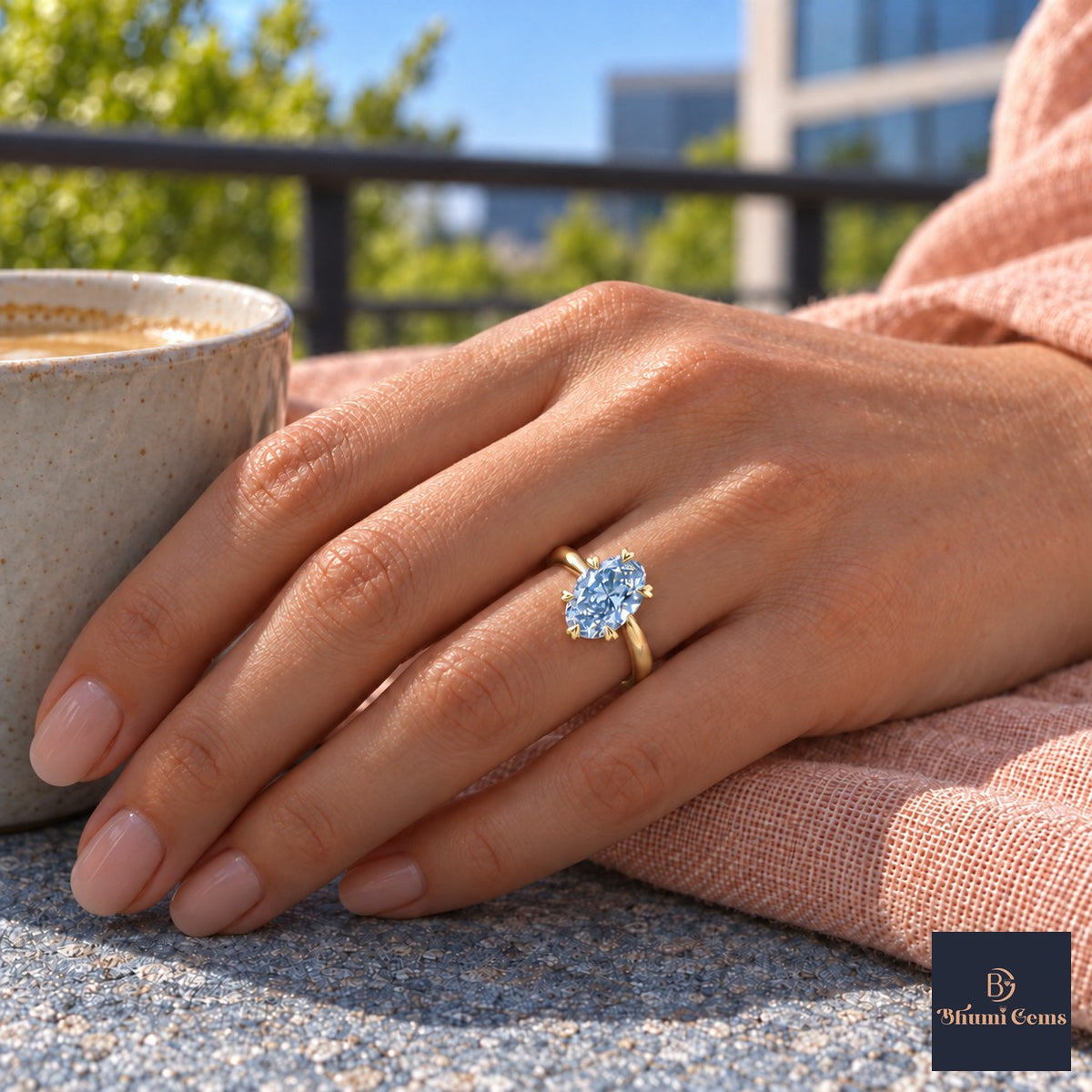Blue Oval Cut Lab Grown Diamond Engagement Ring - Heart Prong Solitaire in yellow gold, on the hand