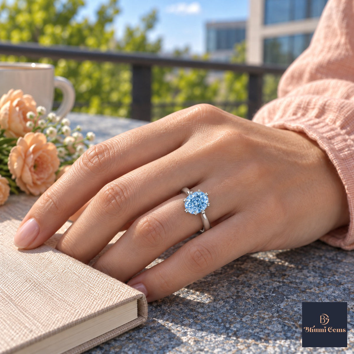 Blue Oval Cut Lab Grown Diamond Engagement Ring - Heart Prong Solitaire in white gold, worn on the hand